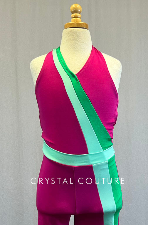 Magenta Wide Leg Jumpsuit with Green Stripe Details