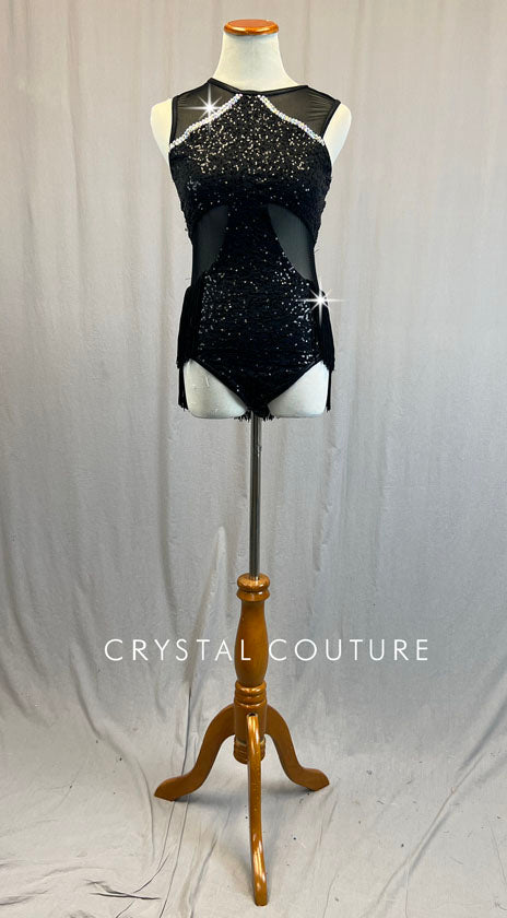Black Zsa Zsa Leotard with Mesh Inserts and Fringe Back Skirt - Rhinestones