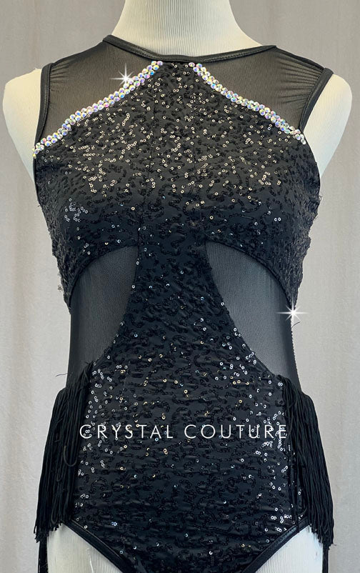 Black Zsa Zsa Leotard with Mesh Inserts and Fringe Back Skirt - Rhinestones