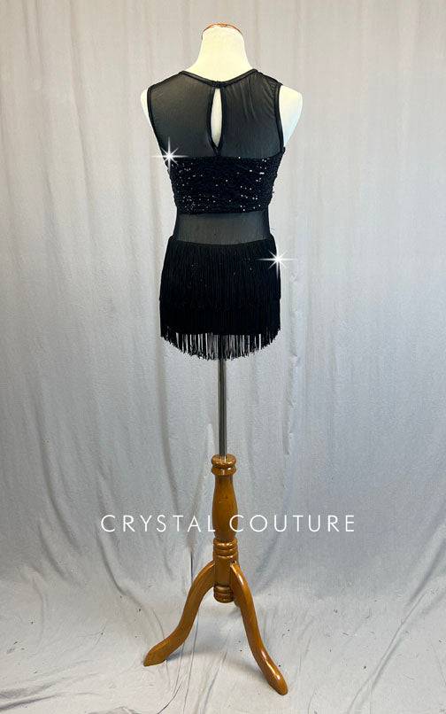 Black Zsa Zsa Leotard with Mesh Inserts and Fringe Back Skirt - Rhinestones