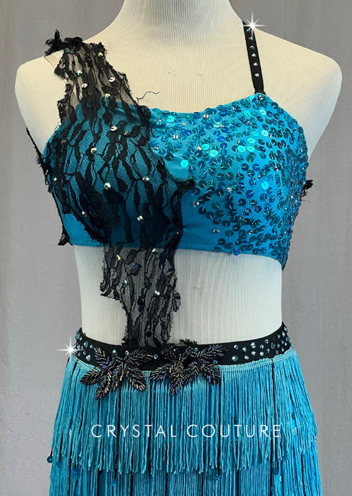 Bright Blue Top and Fringe Skirt with Black Lace - Rhinestones