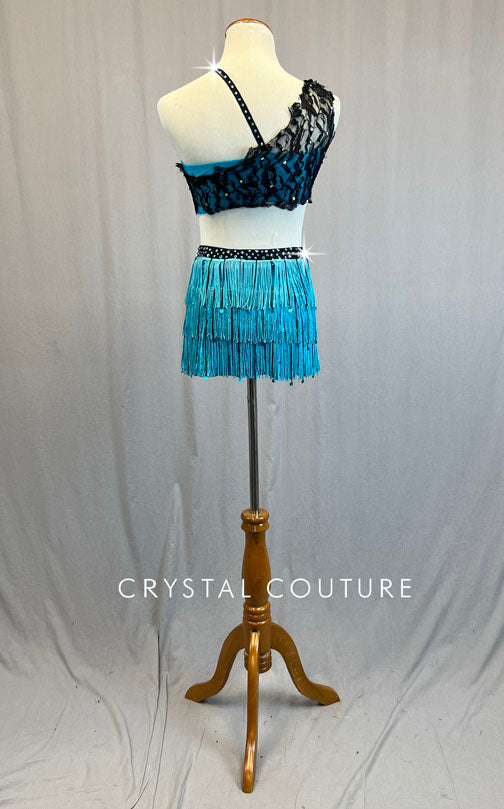 Bright Blue Top and Fringe Skirt with Black Lace - Rhinestones