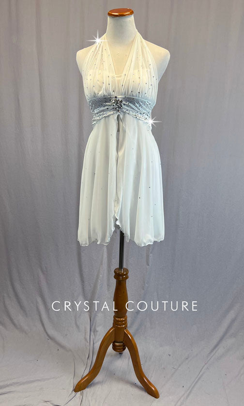 White Halter Dress with Slit Front Skirt - Rhinestones