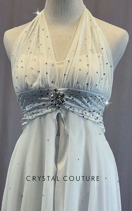 White Halter Dress with Slit Front Skirt - Rhinestones