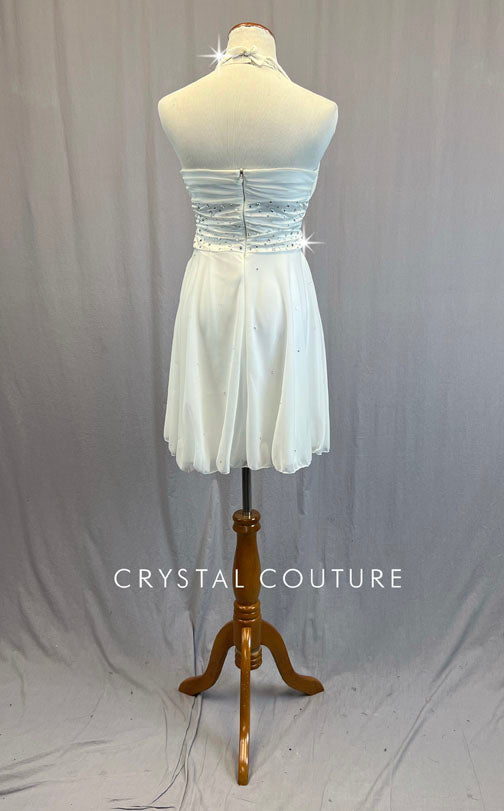 White Halter Dress with Slit Front Skirt - Rhinestones