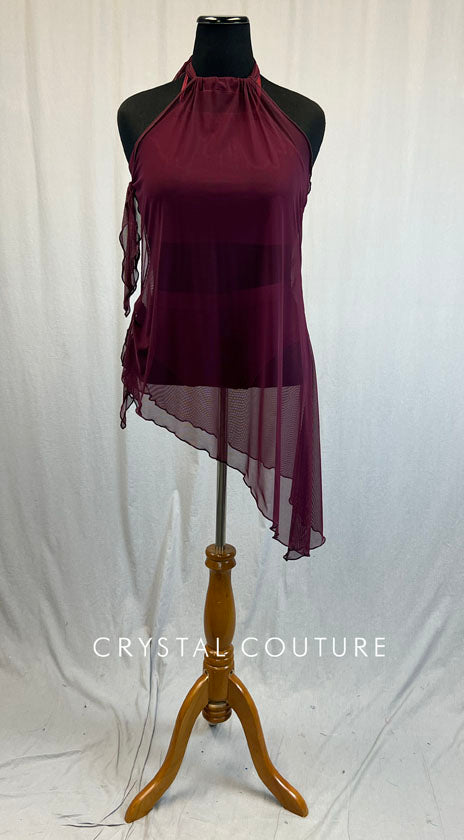 Burgundy Diagonal Hem Mesh Dress with Bra Top and Trunks