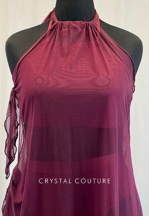 Burgundy Diagonal Hem Mesh Dress with Bra Top and Trunks