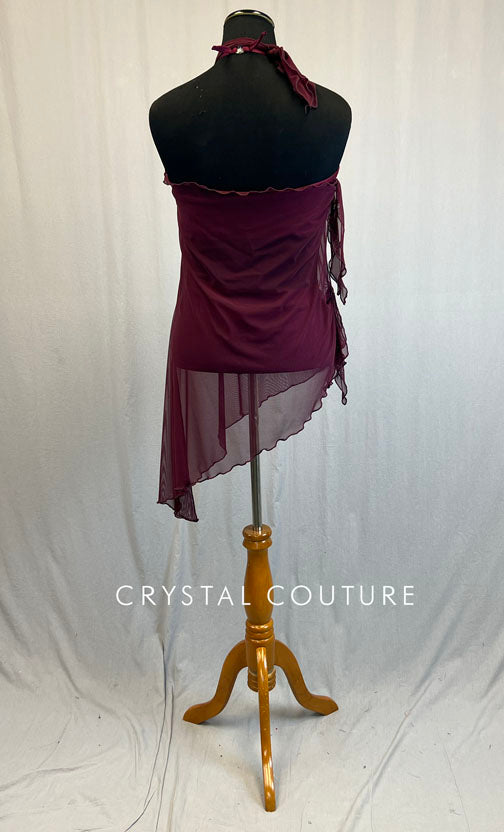 Burgundy Diagonal Hem Mesh Dress with Bra Top and Trunks