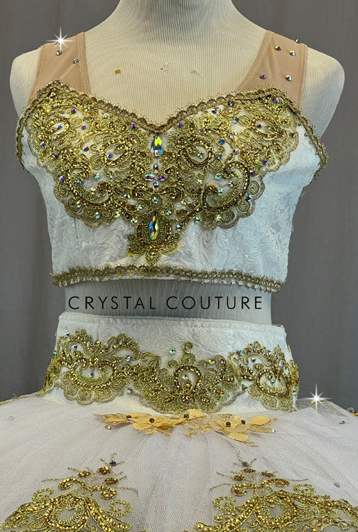 Custom Ivory and Gold Two Piece Top and Platter Tutu with Appliques - Rhinestones