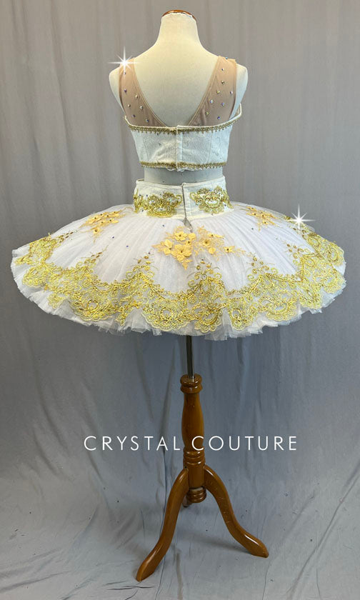 Custom Ivory and Gold Two Piece Top and Platter Tutu with Appliques - Rhinestones