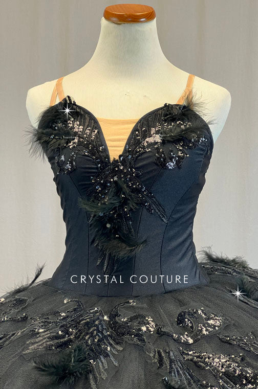 Custom Black Platter Tutu with Sequined Appliques and Feathers - Rhinestones