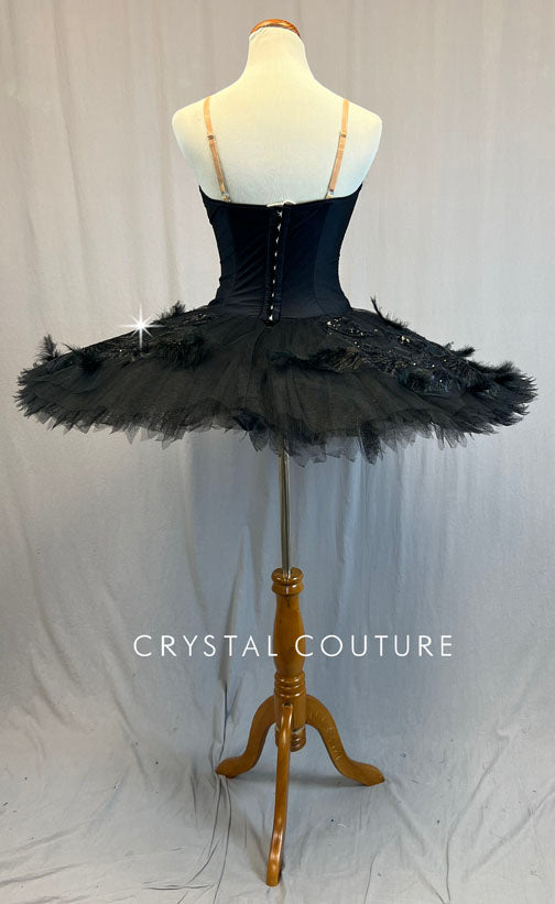 Custom Black Platter Tutu with Sequined Appliques and Feathers - Rhinestones