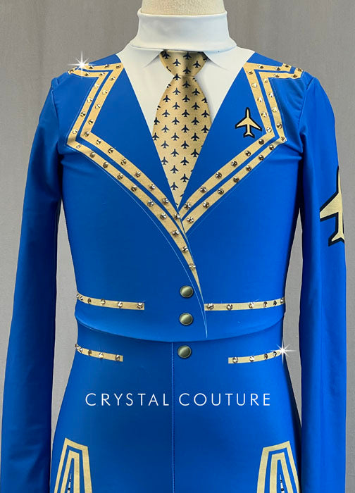 Blue & Gold Flight Attendant Printed Long Sleeve Biketard - Rhinestones
