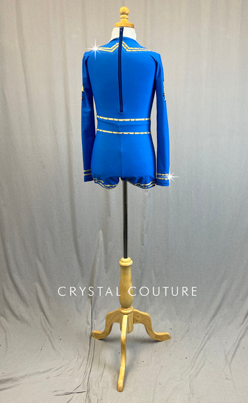 Blue & Gold Flight Attendant Printed Long Sleeve Biketard - Rhinestones