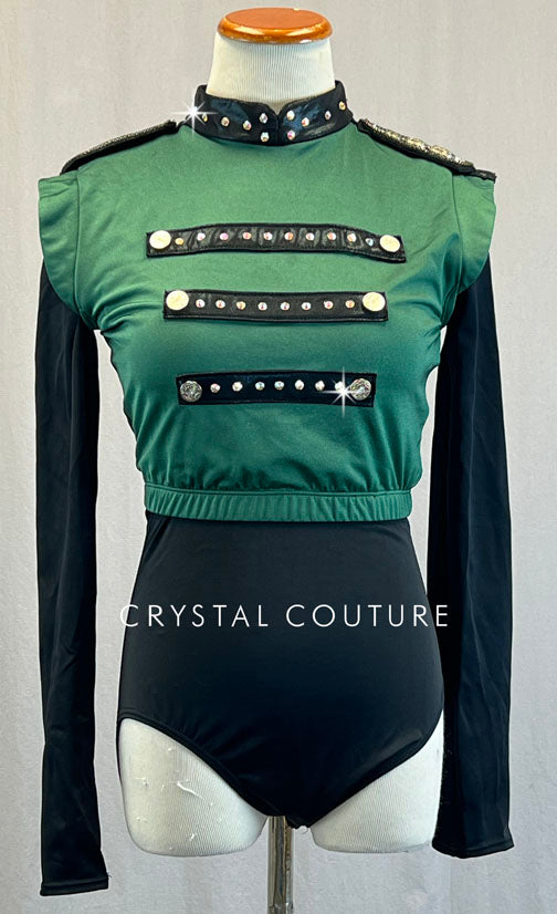 Green Military Crop Top with Long Sleeve Leotard - Rhinestones