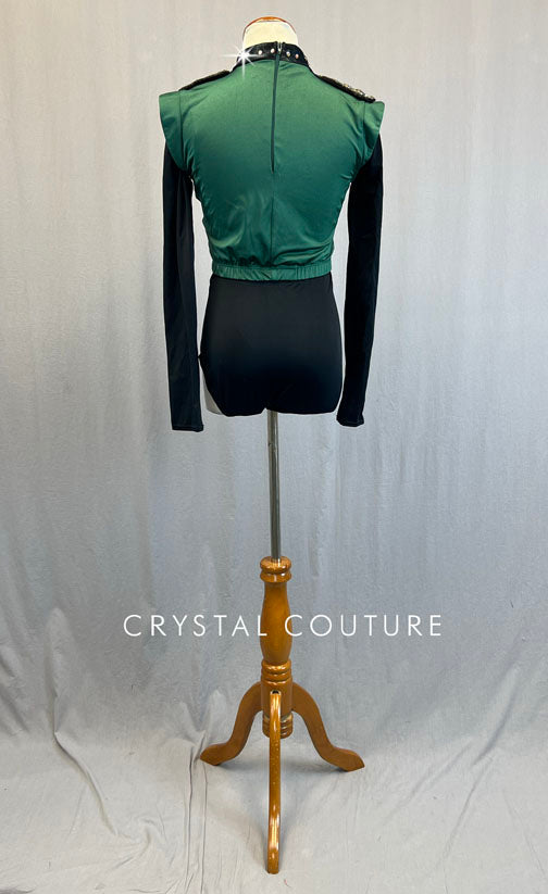 Green Military Crop Top with Long Sleeve Leotard - Rhinestones