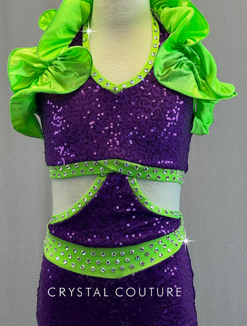 Purple Zsa Zsa Connected Two Piece with Neon Green Ruffle Halter - Rhinestones