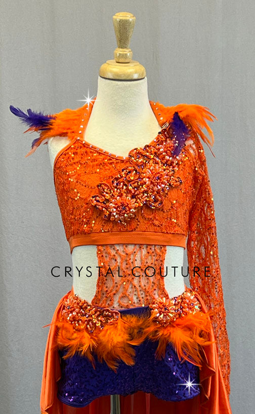 Orange & Purple Lace Connected Two Piece with Back Skirt and Feathers - Rhinestones
