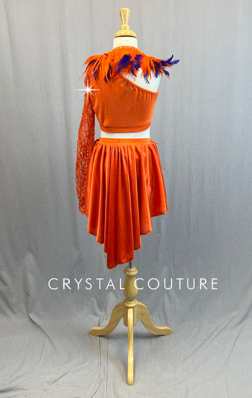 Orange & Purple Lace Connected Two Piece with Back Skirt and Feathers - Rhinestones