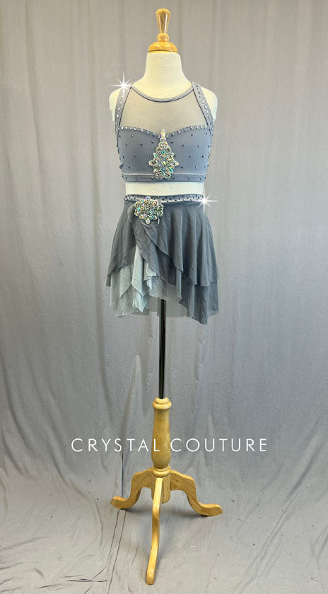 Grey Two Piece with Mesh Cutouts and Layered Skirt - Rhinestones