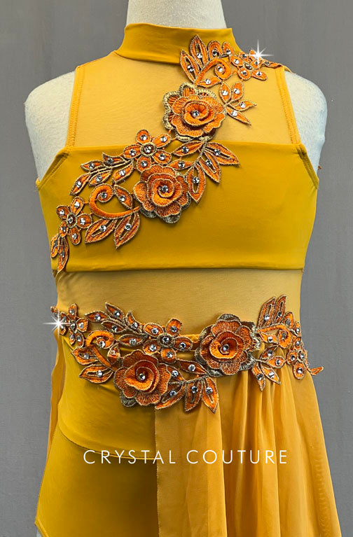 Light Tangerine Leotard with Asymmetrical Skirt and Orange Appliques - Rhinestones