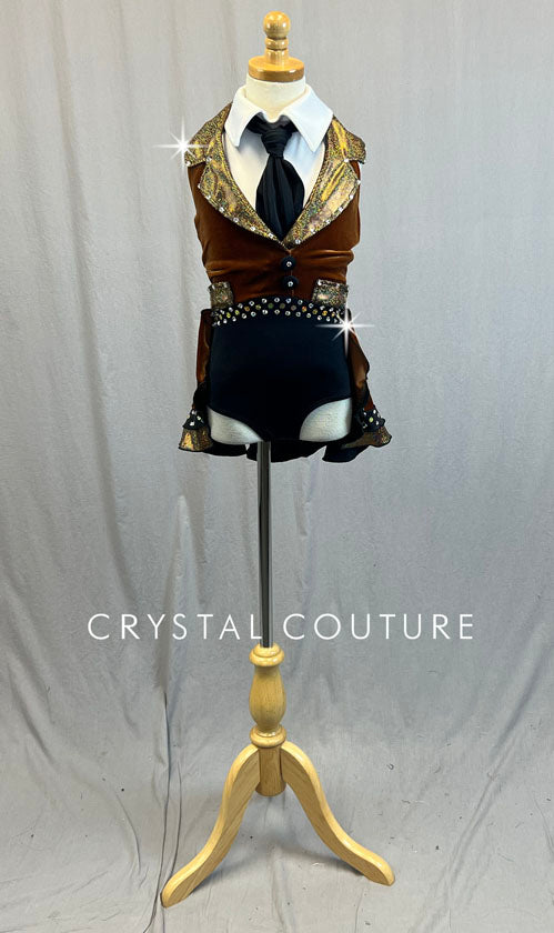 Brown Velvet Skirted Vest Leotard with Collared Shirt and Tie - Rhinestones