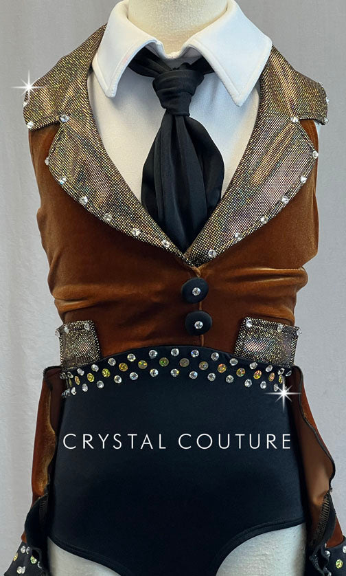 Brown Velvet Skirted Vest Leotard with Collared Shirt and Tie - Rhinestones