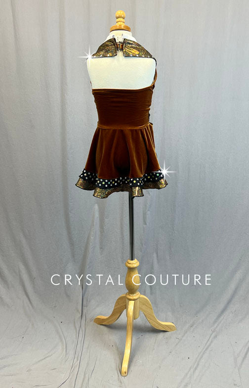 Brown Velvet Skirted Vest Leotard with Collared Shirt and Tie - Rhinestones