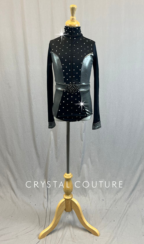 Black and Metallic Grey Mock Neck Zip Front Leotard - Rhinestones