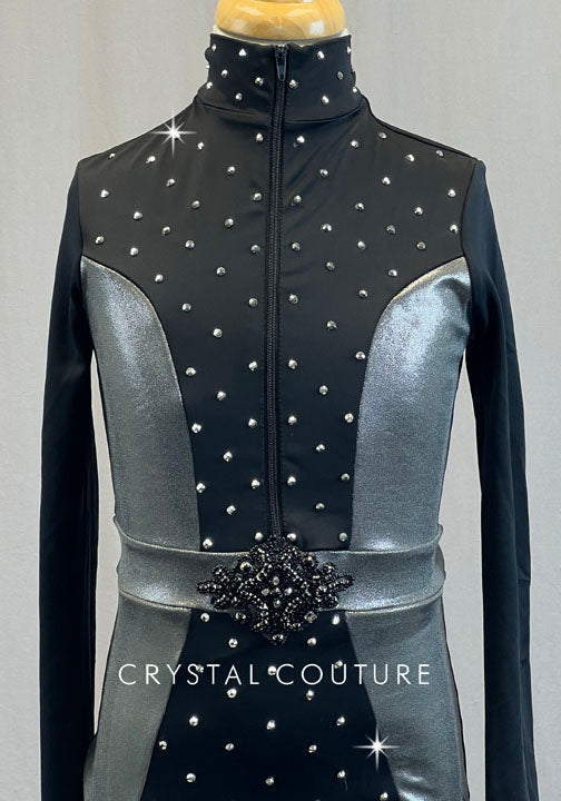 Black and Metallic Grey Mock Neck Zip Front Leotard - Rhinestones