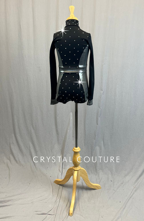Black and Metallic Grey Mock Neck Zip Front Leotard - Rhinestones