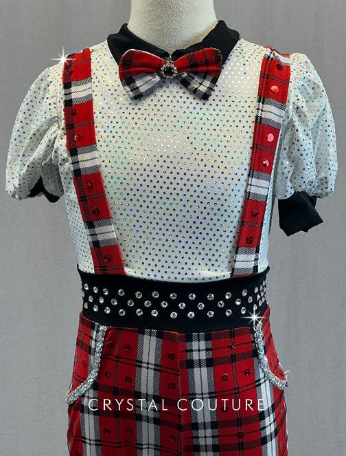 Red, White, & Black Plaid Booty Shorts with Suspenders and White Puff Sleeve Top - Rhinestones