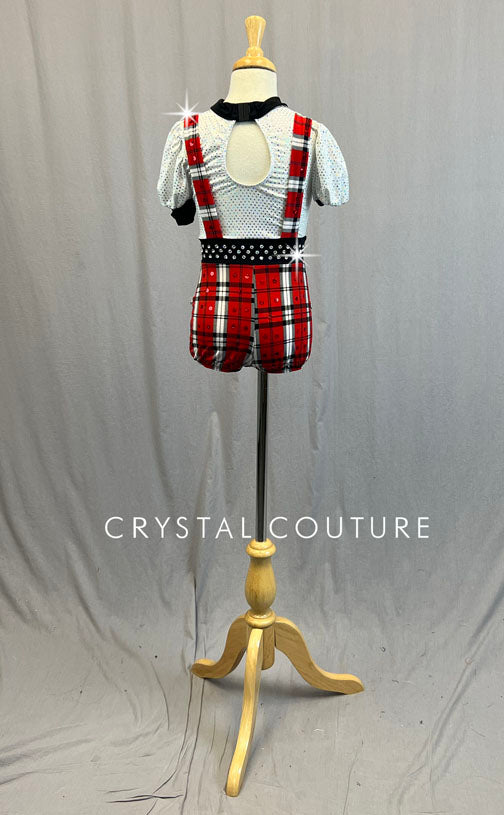 Red, White, & Black Plaid Booty Shorts with Suspenders and White Puff Sleeve Top - Rhinestones