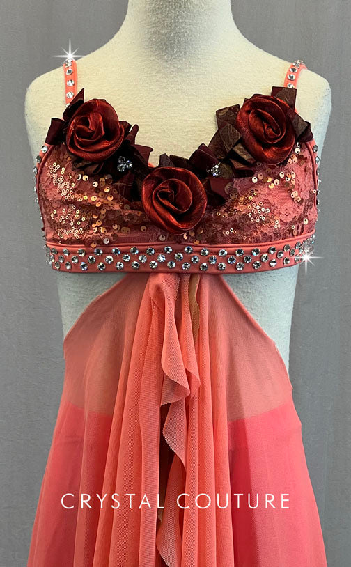 Coral Lace Top with Connected Mesh Skirt and Roses - Rhinestones