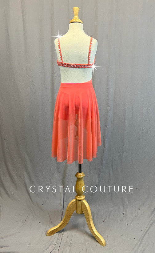 Coral Lace Top with Connected Mesh Skirt and Roses - Rhinestones