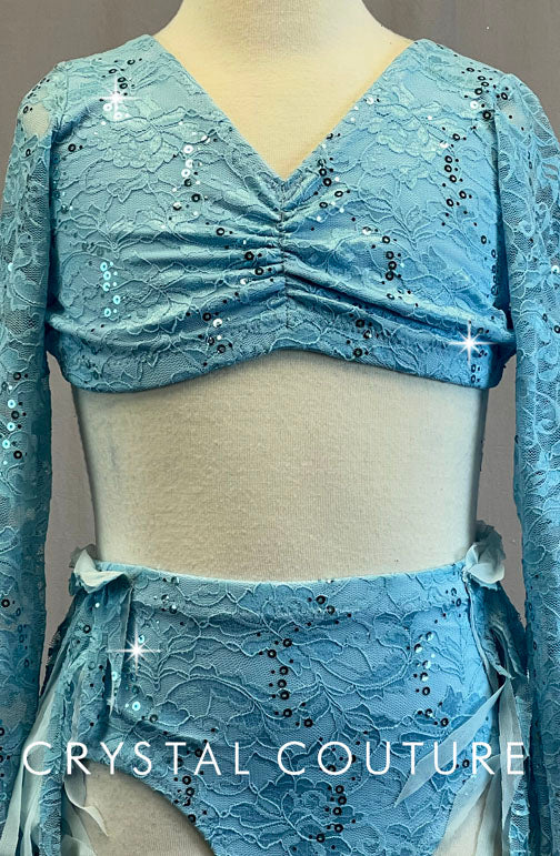 Light Blue Long-Sleeved Lace Crop Top & Piecey Skirt