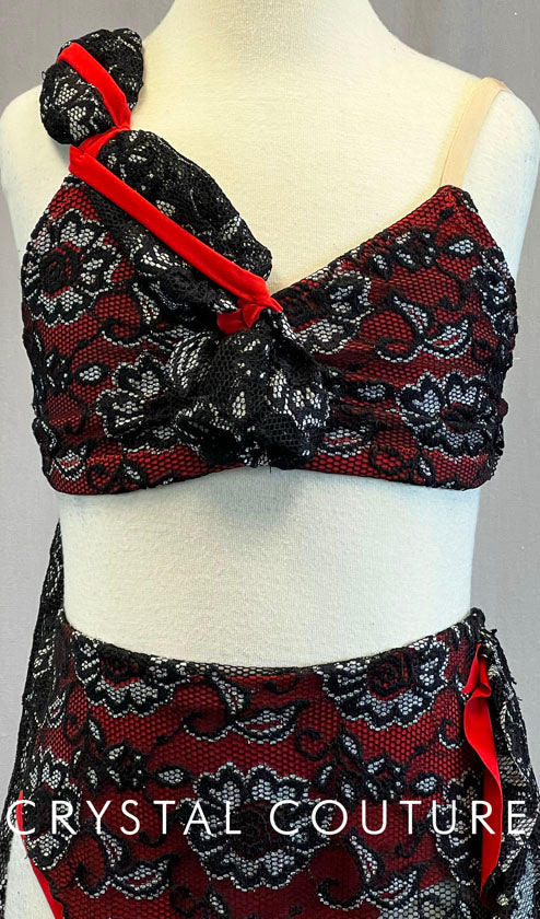 Black/Silver/Red Lace Bra-Top & Skirt