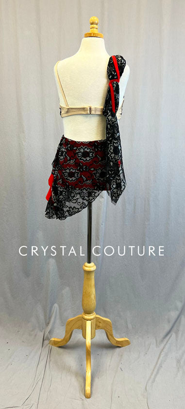 Black/Silver/Red Lace Bra-Top & Skirt