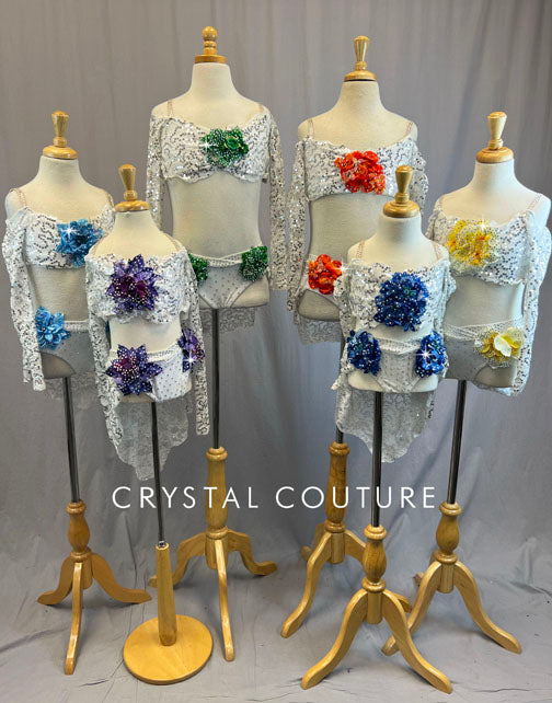 White Floral Lace Bra-Top and Trunk/Skirt with Orange Accents - Swarovski Rhinestones