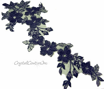 Black/Silver Floral Lace Embroidered Applique