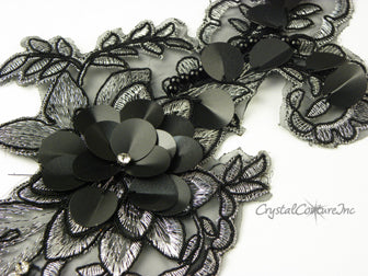 Black/Silver/Sequin/Pearl Floral Lace Embroidered Applique