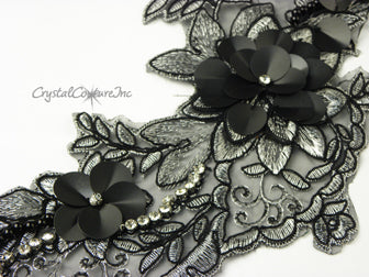 Black/Silver/Sequin/Pearl Floral Lace Embroidered Applique