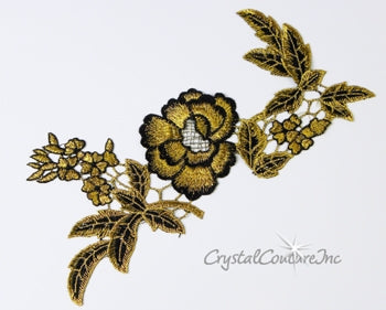 Black/Metallic Gold Floral Embroidered Applique