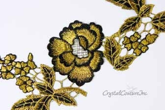 Black/Metallic Gold Floral Embroidered Applique