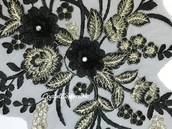 Black & Lt Gold Metallic 3D Floral Embroidered Applique