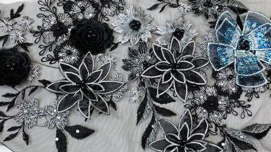 Black/Teal/Metallic Silver Floral Lace Embroidered Applique