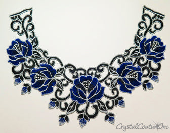Royal Blue/Black/White Floral Lace Embroidered Applique