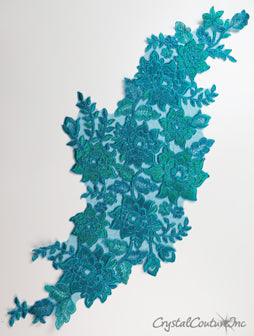 Teal Blue Floral Lace Embroidered Applique