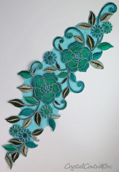 Teal Blue/Silver/Green Floral Lace Embroidered Applique