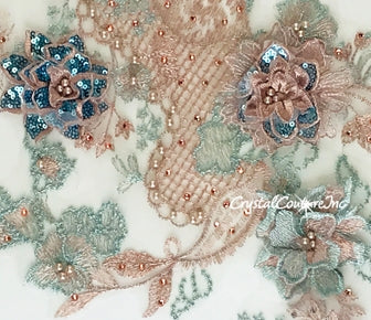 Lt Blue/Pink Metallic 3D Floral Embroidered Applique with Blue Sequins